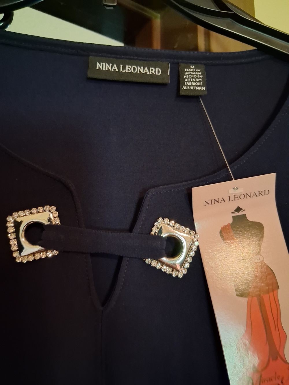 Nina Leonard Navy Pant Suit with Jewel Buckles